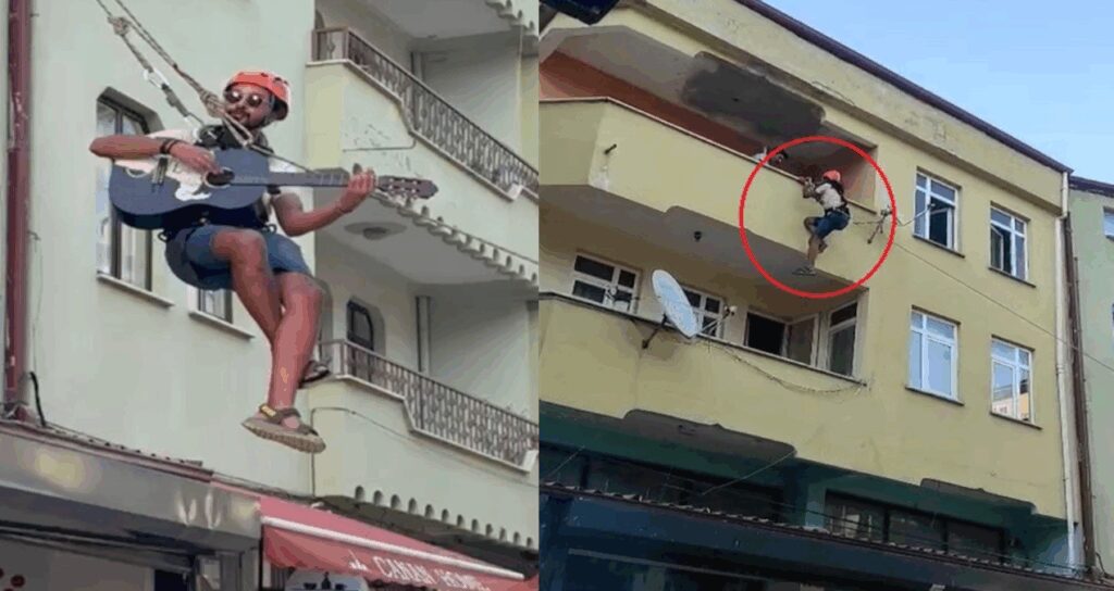 Halatın üzerinde gitar çalıp, şarkı söyledi